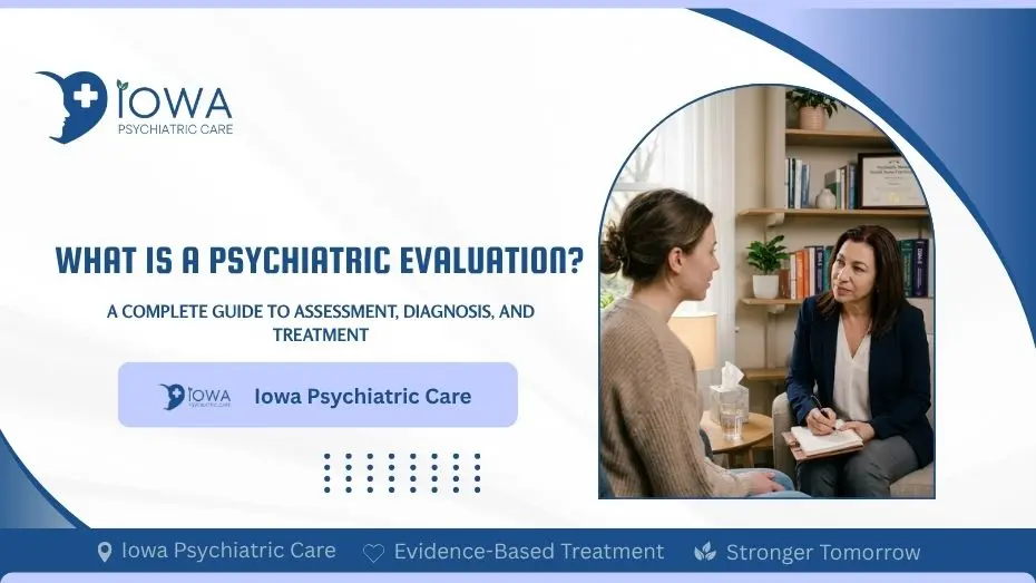 Psychiatrist conducting a psychiatric evaluation with a patient in a calm clinical setting during mental health assessment and diagnosis discussion.
