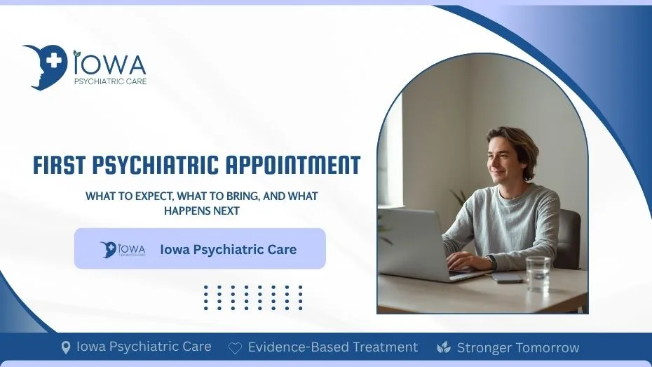 Adult preparing for a first telehealth psychiatric appointment at home
