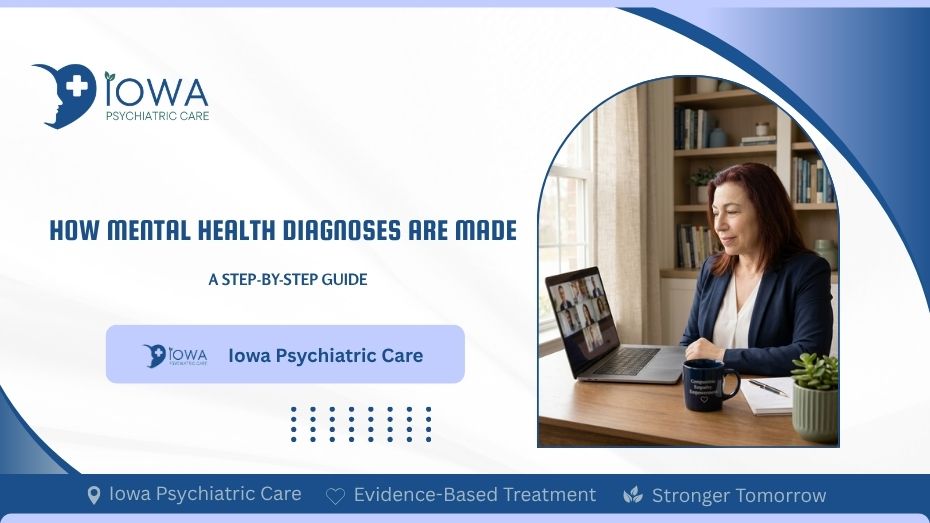 Woman having a telehealth mental health evaluation on a laptop at home