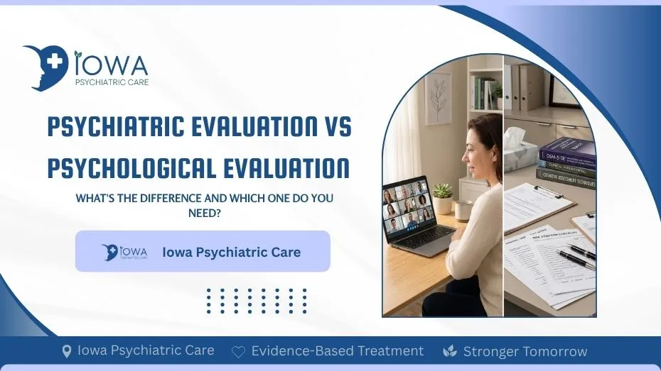 Psychiatric evaluation vs psychological evaluation — telehealth consultation on the left, psychological testing setup on the right